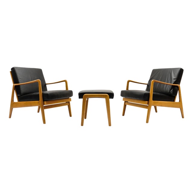 Mid-Century Modern Scandinavian Armchairs and Ottoman, 1960s, Set of 3 For Sale