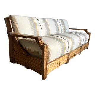 Vintage Carved Wood Sofa With Western Saddle Blanket Upholstery For Sale