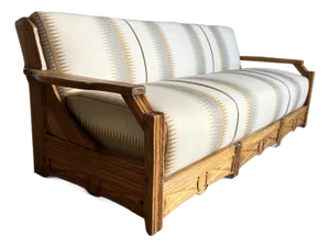 Vintage Carved Wood Sofa With Western Saddle Blanket Upholstery