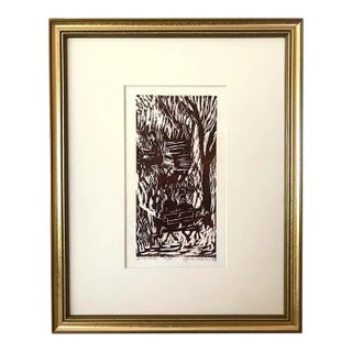 Vintage Expressionist Wood Block Print in the Park by Sylvia T. Gavurin 1964 Artists Proof For Sale