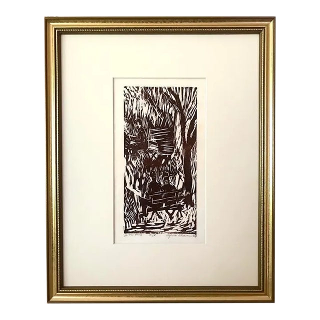 Vintage Expressionist Wood Block Print in the Park by Sylvia T. Gavurin 1964 Artists Proof For Sale