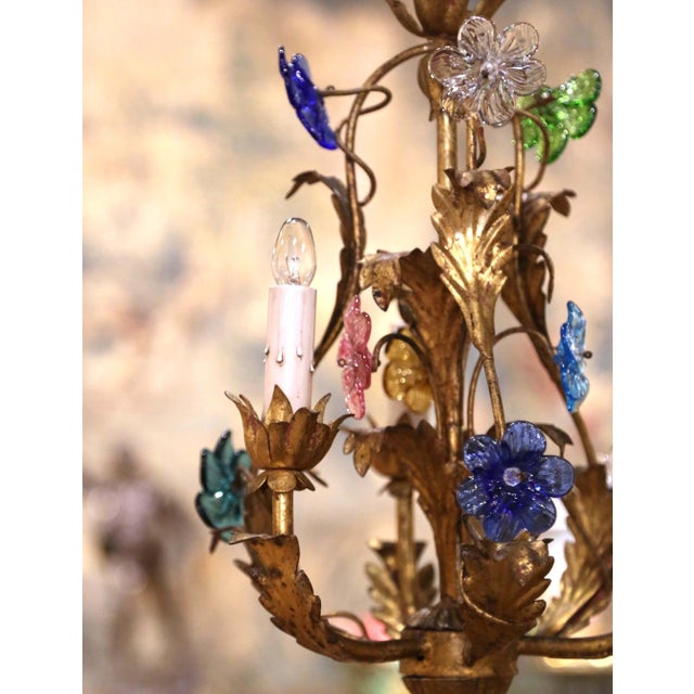 French Early 20th Century French Gilt Tole Three-Light Chandelier With Glass Flowers For Sale - Image 3 of 10
