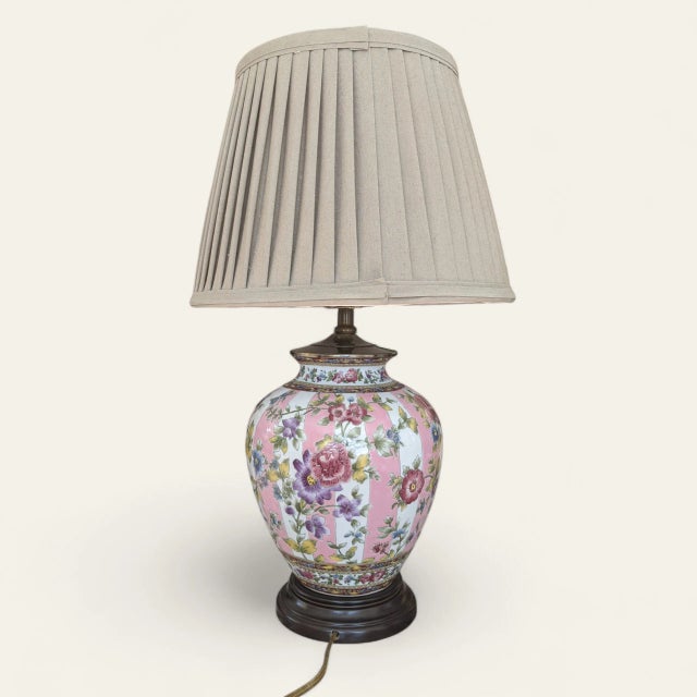 Vintage Chinoiserie Pink Chintz and Striped Ceramic Table Lamp With Pleated Lampshade For Sale - Image 4 of 15