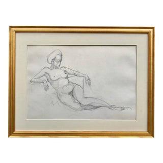 Vintage Original Drawing Reclining Nude Female C. 1950 For Sale