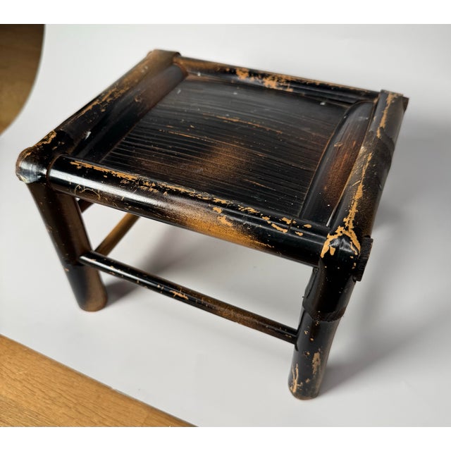Mid-Century Modern Boho Chic Bamboo Black Painted Distressed Low Riser/Plant Stand For Sale - Image 3 of 10