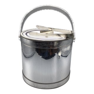 Georges Briard Silver Mirror Ice Bucket With Lucite Lid and Handle With Stainless Steel Ice Tongs For Sale