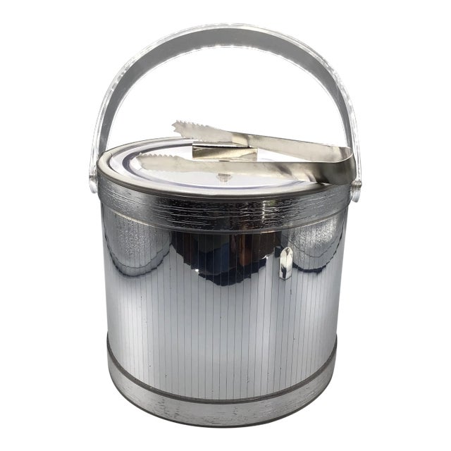 Georges Briard Silver Mirror Ice Bucket With Lucite Lid and Handle With Stainless Steel Ice Tongs For Sale