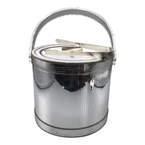 Georges Briard Silver Mirror Ice Bucket With Lucite Lid and Handle With Stainless Steel Ice Tongs