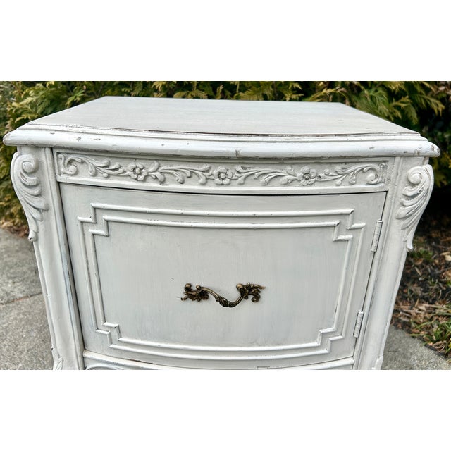 Antique French Style Carved Table/Nightstand in Distressed Antique White Finish For Sale - Image 11 of 13