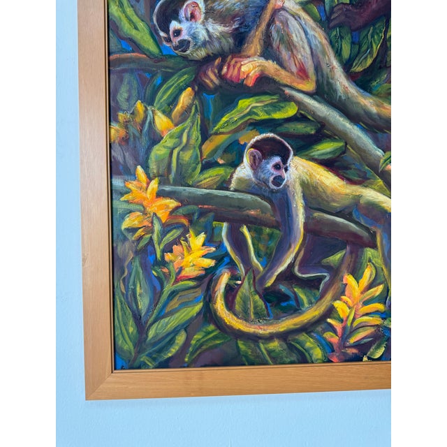 Wood 2001 Carlotta Colorful Jungle Wildlife Scene Oil on Board Painting, Signed For Sale - Image 7 of 12