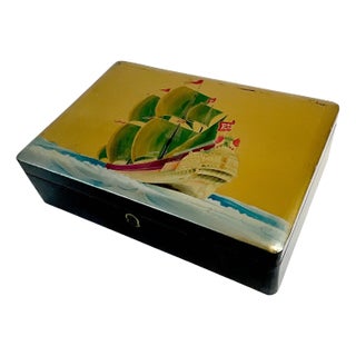 Mid-Century Boho Chic Coastal Nautical Japanese Hand Painted Wooden Box For Sale