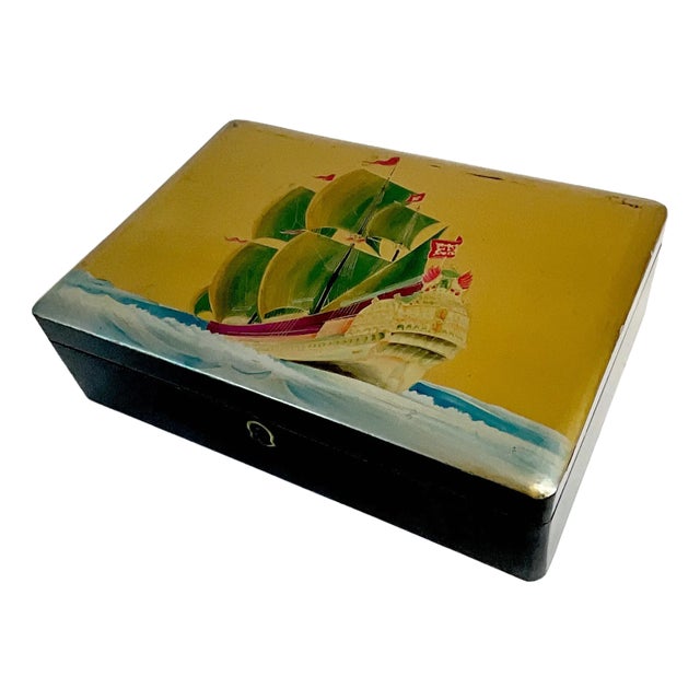 Mid-Century Boho Chic Coastal Nautical Japanese Hand Painted Wooden Box For Sale