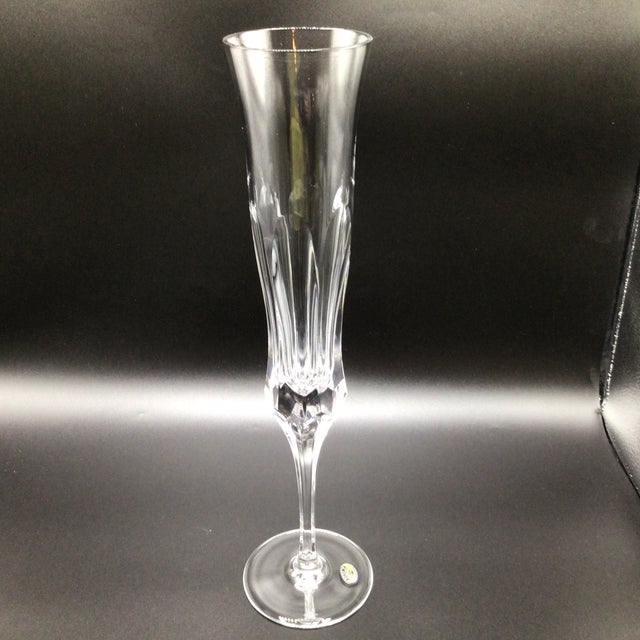 Glass Pair of Very Tall Bohemia Crystal Art Glass Champagne Flutes With Original Box For Sale - Image 7 of 13