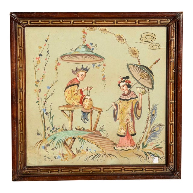Antique Chinoiserie Gouache Painting of Chinese Couple in Art Deco Frame For Sale