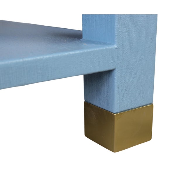 Early 21st Century Karl Springer Style Modern Light Blue Linen-Raffia Coffee Table. With Four Brass Sabot For Sale - Image 5 of 10