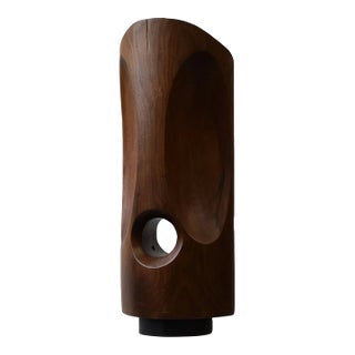 Vintage Large-Scale Kinetic Teak Mask Sculpture Mounted to Painted Wood Tiered Base by Paul Bechtold, Circa Mid 20th Century For Sale