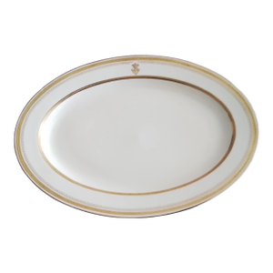 Theodore Haviland Limoges France Bone Color Porcelain Triple Gold Rim Platter With Monogram or Crest Circa 1903