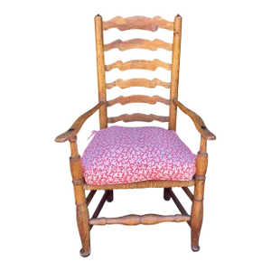 Antique 18th C American Ladder Back Arm Chair W Scalamandre Down Cushion