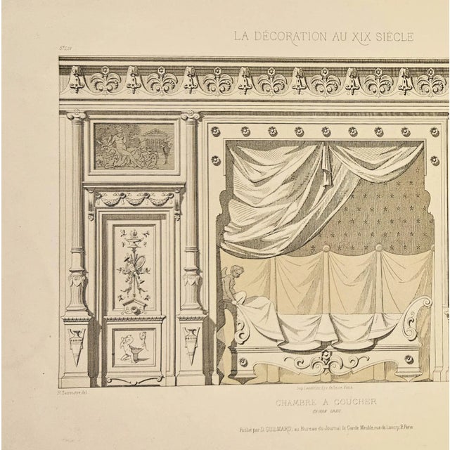 france vintage 邸宅のデッサン C1860s Antique French Architecture Interior Gravure-Bedroom