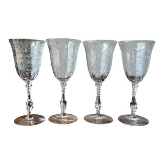 1930s Cambridge Tall Crystal Water Goblets Rosepoint Clear and Portia Clear Patterns- Set of 4 For Sale