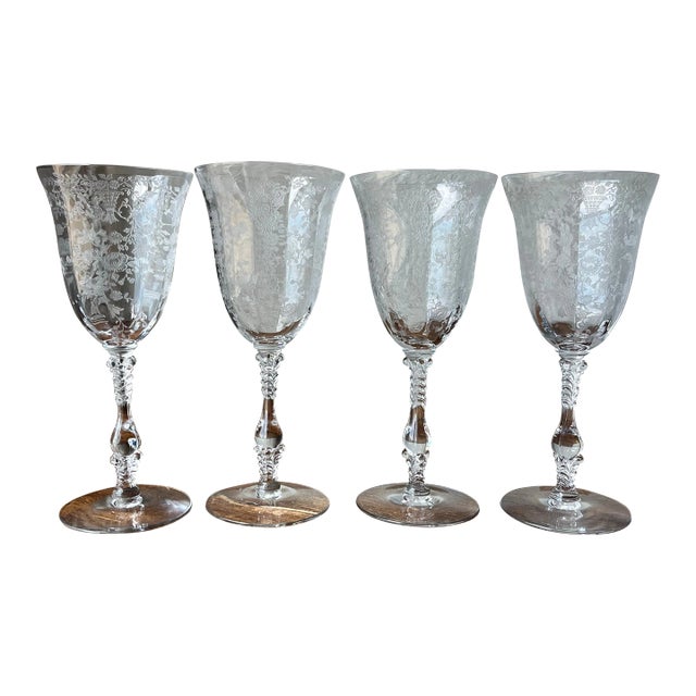 1930s Cambridge Tall Crystal Water Goblets Rosepoint Clear and Portia Clear Patterns- Set of 4 For Sale