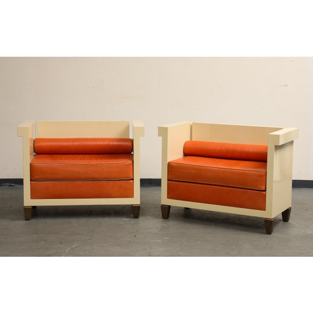 Mid-Century Modern Pair of Jean Michel Frank Style Cream Lacquered Benches With Orange Leather Cushions For Sale - Image 3 of 10