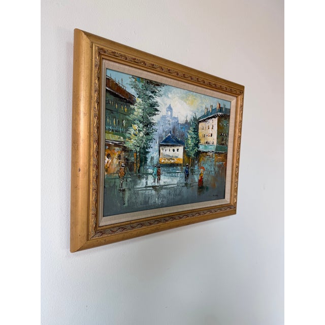 Beautiful 1990’s vintage oil on canvas painting depicting a romantic Parisian street scene, signed Ellen in the lower...