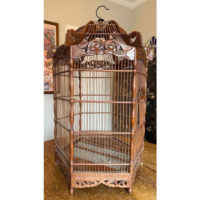 Brown Beautiful Decorative Large Antique Wooden Ornate Pagoda Style Bird Cage For Sale - Image 8 of 18