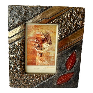 Textured Mixed Metal 4” X 6” Photo Frame Brutalist Style Autumn Leaves For Sale