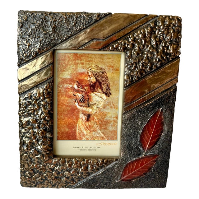 Textured Mixed Metal 4” X 6” Photo Frame Brutalist Style Autumn Leaves For Sale