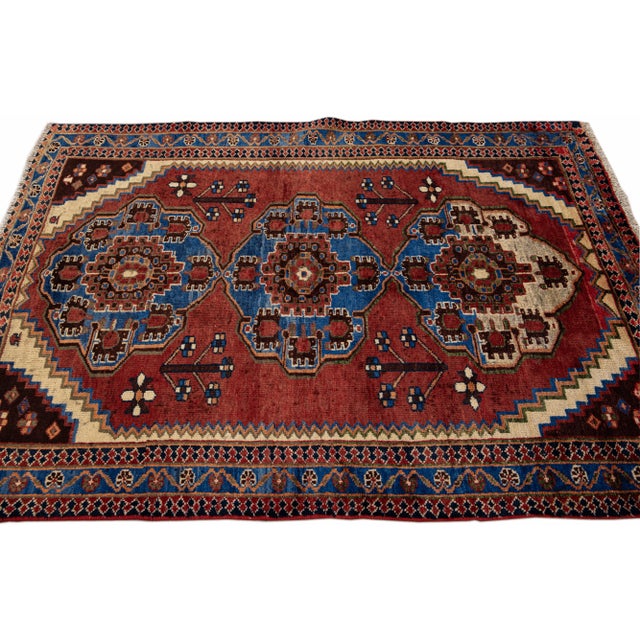 1950s Vintage Handmade Persian Red Geometric Wool Rug 4'4" X 6'4" For Sale - Image 5 of 11