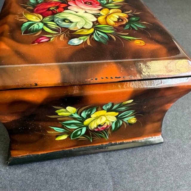 Art Deco Hand Painted Floral Russian Lidded Box Lacquer Rose Artist Signed For Sale - Image 3 of 11