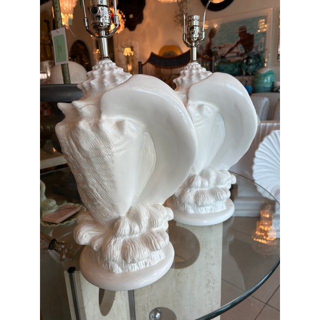 Metal Vintage Palm Beach Plaster Shell Table Lamps Serge Roche Style Newly Wired - a Pair For Sale - Image 7 of 14