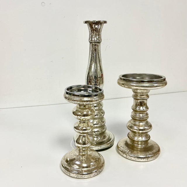 1990s Vintage Boho Chic Modern West Elm Attributed Mercury Glass Candleholders - Set of 3. For Sale - Image 12 of 12