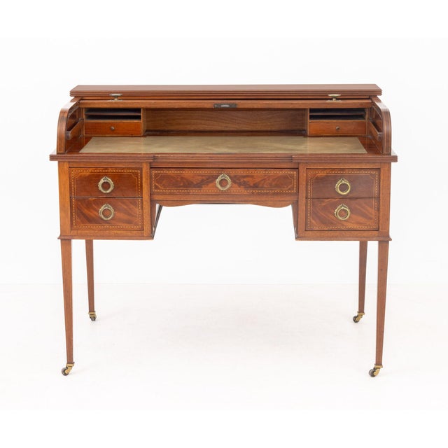 Edwardian Mahogany Inlaid Tambour Cylinder Desk, the tambour door opening to green leather writing surface with two short...