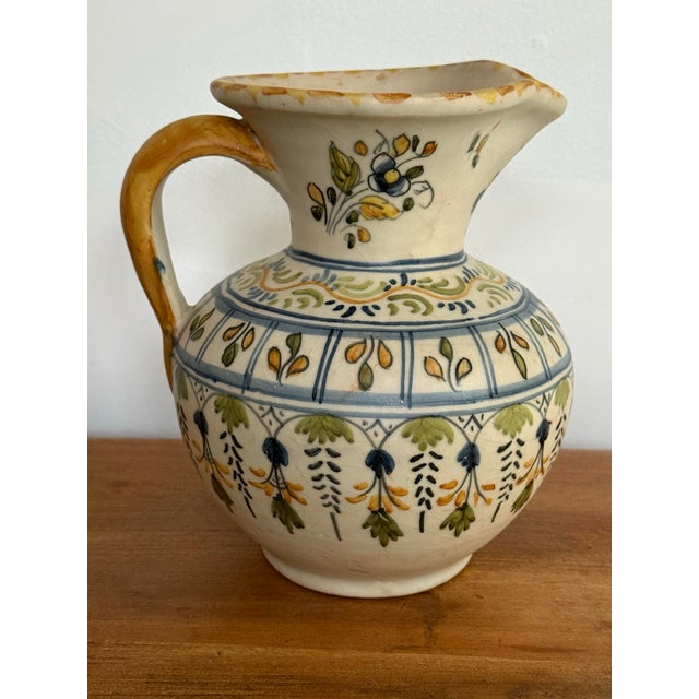 Early 20th Century Spanish Hand Painted Blue and Yellow Pottery Pitcher Jug For Sale - Image 10 of 10