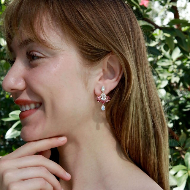 Metal Nina Zhou 10.38ctw Aspire Lotus Moonstone Pink Tourmaline Diamond Drop Earring For Sale - Image 7 of 8