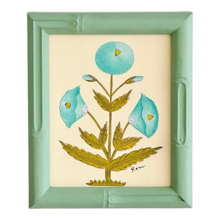 Original Hand-Painted Blue and Green Floral Motif Painting in a Hand-Painted Frame For Sale
