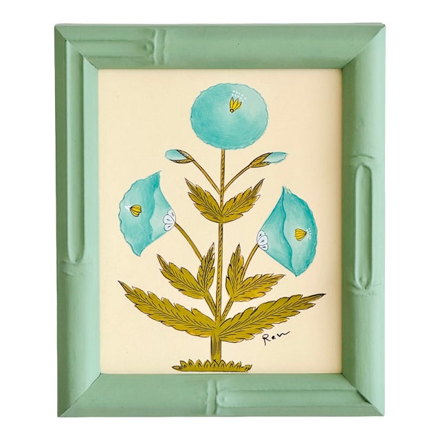 Original Hand-Painted Blue and Green Floral Motif Painting in a Hand-Painted Frame For Sale