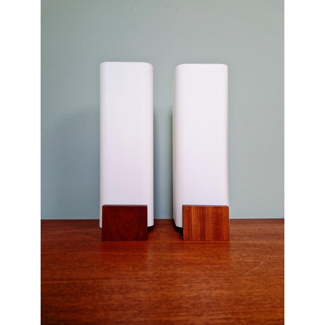 Tan Teak and Satin White Opaline Wall Lights by Louis Kalff for Philips, 1960s, Set of 2 For Sale - Image 8 of 17