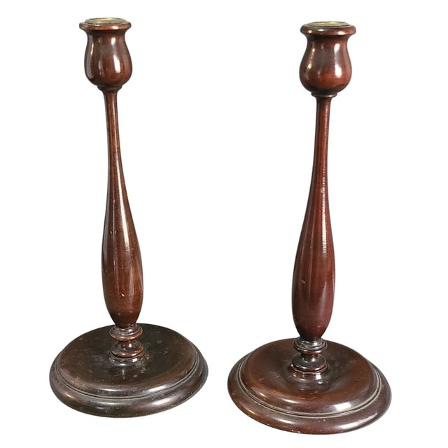 Antique Pair of Turned Wood Tulip Shaped Candlesticks For Sale - Image 9 of 9