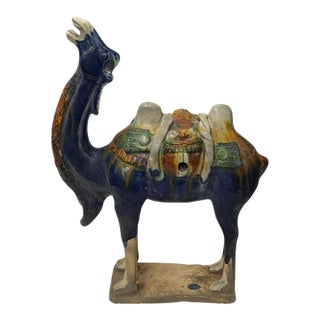 Oriental Ceramic Sancai Dark Blue Brown Beige Fengshui Artistic Camel Figure For Sale