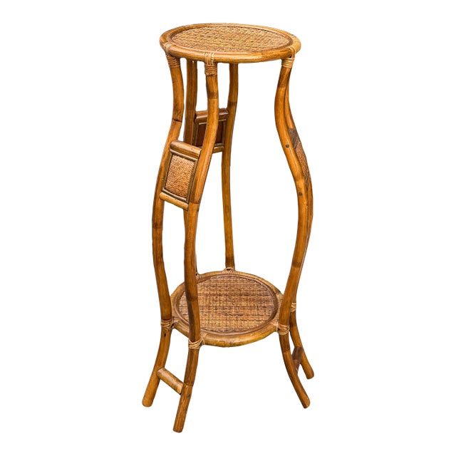 Bulbous 1970s Rattan 2 Tier 36" Plant Stand For Sale