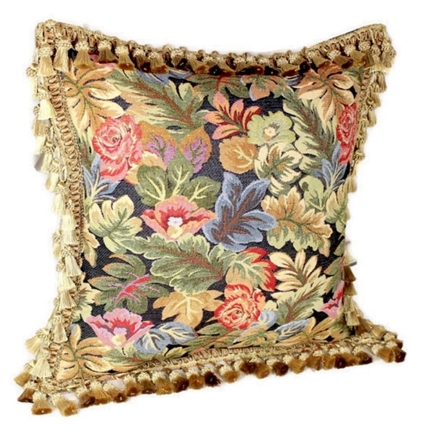 Antique French Aubusson Handwoven Needlepoint Floral Pillow Cover With Antique Tassel Fringe For Sale - Image 11 of 13