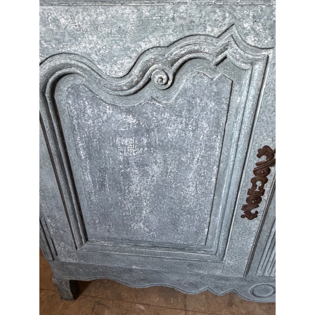 18th Century French Provincial buffet. Layers of gesso and blue/grey casein paint create a lovely patina.