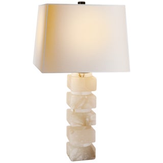 Chapman & Myers for Visual Comfort Signature Square Chunky Stacked Table Lamp in Alabaster with Natural Paper Shade For Sale
