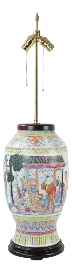 Vintage Famille Rose Porcelain Vase Table Lamp With Interior Scene and Symbols of Prosperity and Happiness