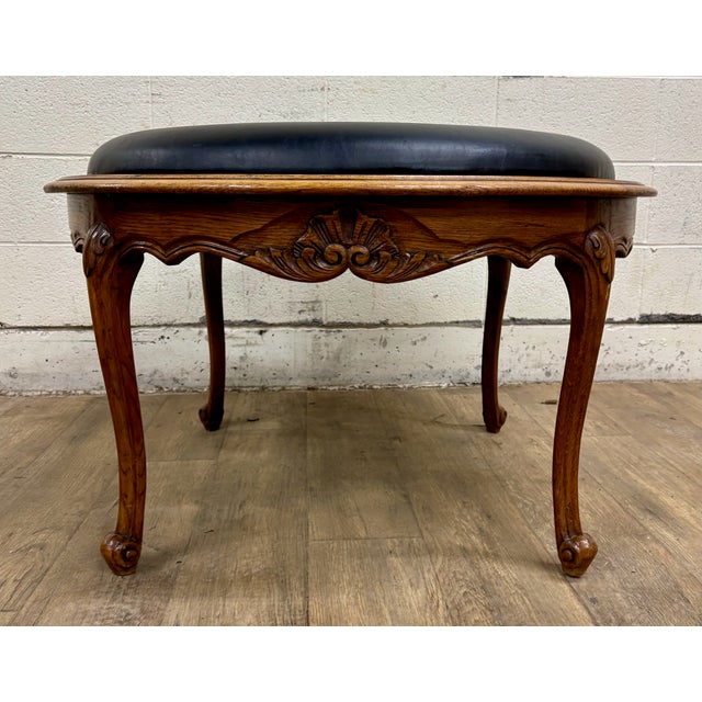 Black Vintage Louis XV Style Carved Walnut and Vinyl Ottoman or Stool For Sale - Image 8 of 10