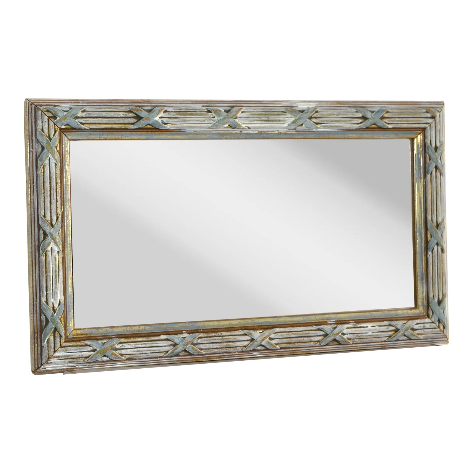 1980s Boho Chic Rectangle Accent Mirror in Reed Rattan Bamboo Verdigris ...