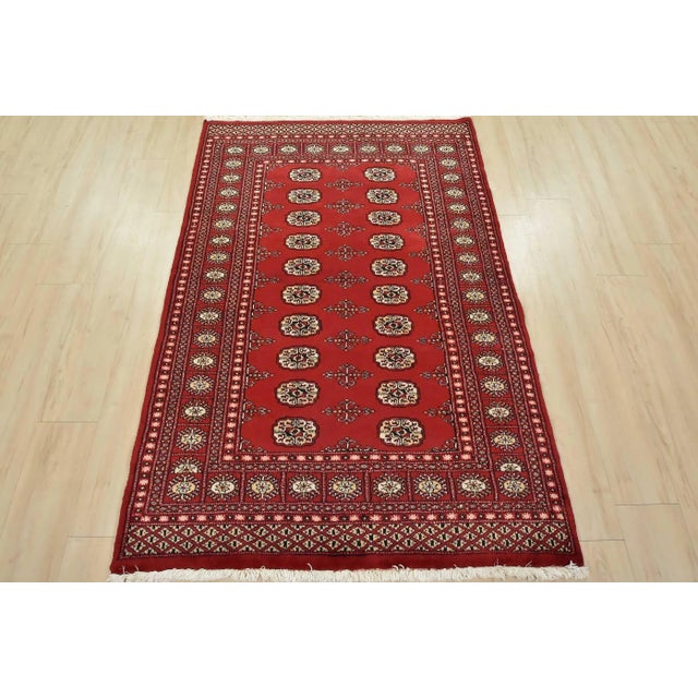 Farmhouse Bokhara Rug 4'1'' X 6'3'' Red Wool Tribal Hand-Knotted Oriental Carpet For Sale - Image 3 of 12